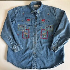 Vintage Allyson Whitmore Embroidered Denim Shirt M Floral Patchwork Western Boho